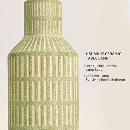 25" Green Ceramic Table Lamp - Modern Bedside Nightstand Lamp, Easy Assembly Twist Knob Switch for Bedroom Living Room Home Office Decor (Bulb Not Included)