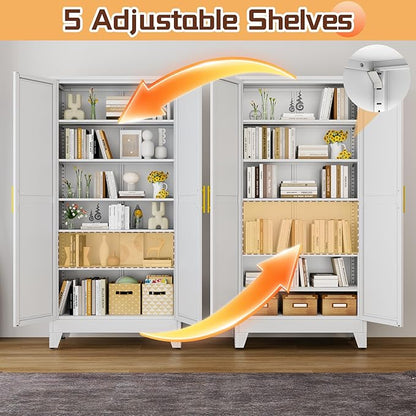 75" Metal Kitchen Pantry Cabinet,White Storage Cabinet with Doors and 5 Adjustable Shelves, Cabinet with 2 Metal Handles,Tall Cabinet for Livingroom,Pantry, Bathroom,Kitchen