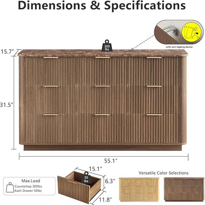 win2win 9 Drawer Dresser, Mid Century Modern Dresser with Storage, 55" Wide Fluted Chest of Drawers with Faux Marble Top, Dressers TV Stand, Drawers Organizer for Bedroom, Living Room, Hallway, Walnut