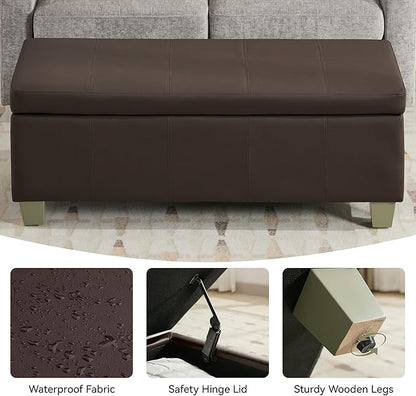 51" Faux Leather Storage Ottoman, Stitch Tufted Rectangle Upholstered End of Bed Storage Bench, Entryway Large Couch Ottoman with Wooden Legs,Brown