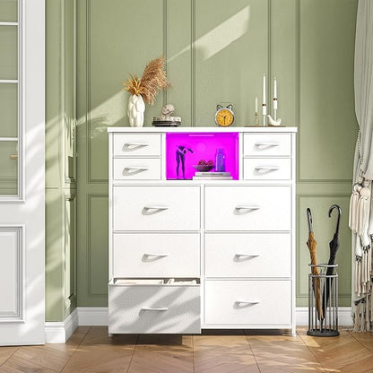White Dresser for Bedroom with 10 Drawers Featuring LED Light and Power Outlet, Fabric Dressers & Chest of Drawers with Open Shelves for Hallway, Living Room, Steel Frame,Wood Top