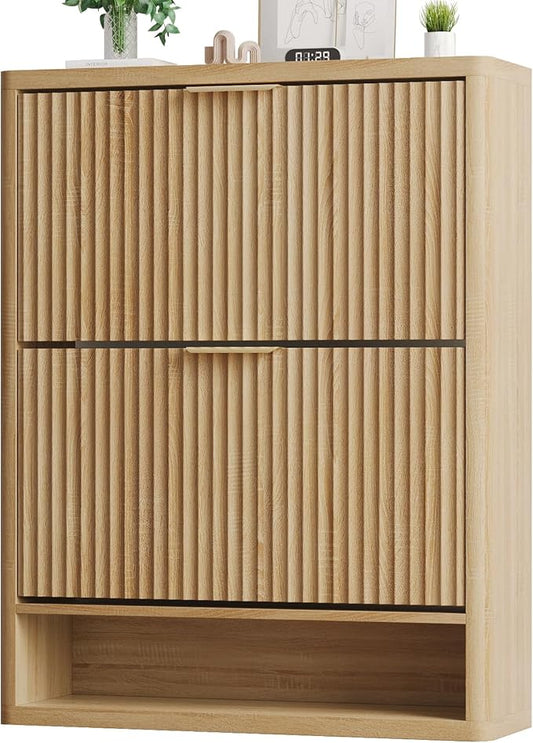 Fluted Shoe Cabinet Storage with 2 Flip Drawers, Narrow Shoe Storage Organizer for Entryway, Hidden Slim Wooden Shoe Rack Cabinet for Front Door Entrance, Hallway, Living Room (2-Drawer, Oak)