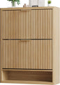 Fluted Shoe Cabinet Storage with 2 Flip Drawers, Narrow Shoe Storage Organizer for Entryway, Hidden Slim Wooden Shoe Rack Cabinet for Front Door Entrance, Hallway, Living Room (2-Drawer, Oak)