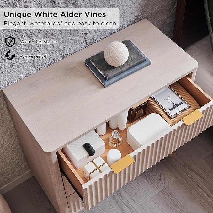 T4TREAM Fluted 3 Drawers Nightstand Set of 2, Oversized Extra Large Modern Side Table, End Table Bedside for Bedroom, Living Room, Curved Profile Design, White Alder