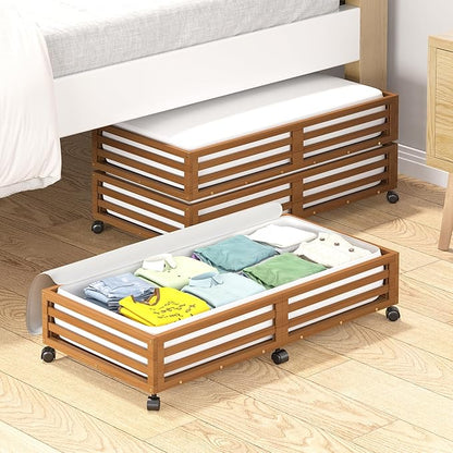 Bamboo Under Bed Storage Containers- Underbed Organizer with Wheels with Large Capacity Dust Bag,Sturdy Wood Rolling Under Bed Shoe Storage Organizer 2 Packs (Walnut, 2 Packs (33.07"×16.54"))