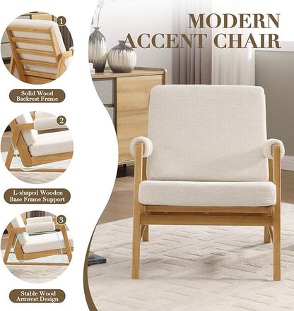 HEAH-YO Modern Accent Chair, Upholstered Linen Fabric Living Room Chair with Wooden Frame, Comfy Armchair with Thick Cushion for Bedroom Balcony, Beige