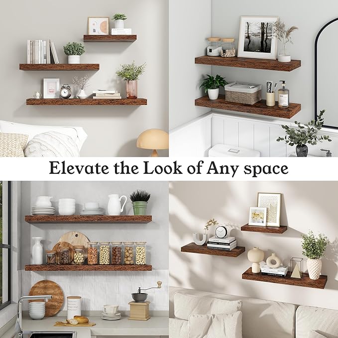 Floating Shelves for Wall, 9.3" Deep Wall Mounted Wood Shelves for Bathroom, Bedroom, Living Room, Kitchen, Hanging Shelf for Books/Storage/Room Decor (Brown, 36")