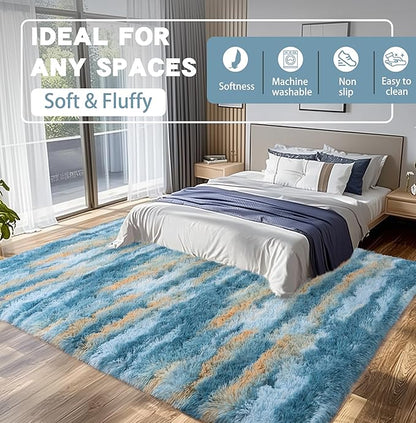 Blue Rugs for Bedroom, 4x6 Fluffy Fuzzy Modern Indoor Floor Rugs for Living Room, Soft Non-Slip Plush Shag Rug for Dorm Kids Room Home Decor, Blue Abstract