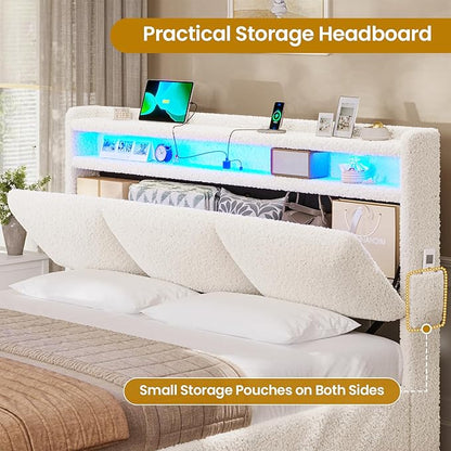 VIAGDO Queen Bed Frame with Storage Headboard and Charging Station, Boucle Upholstered Bed Frame Queen Size with 4 Drawers and LED Lights, Type C and USB, No Box Spring Needed, Cream White