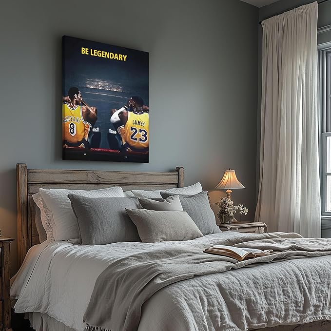 Kobe Bryant and LeBron James Canvas Wall Art Print Poster, Be Legendary Inspirational Sports Picture Artwork, Motivational Mamba Mentality Wall Decor for Home Office Gym Living Room, Framed 24x30inch