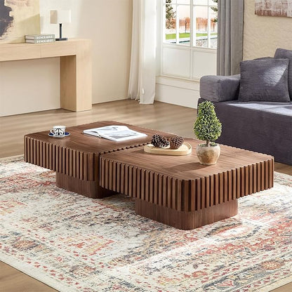 LKTART Square Coffee Table for Living Room, Accent Fluted Coffee Table with Storage, Modern Solid Wood Veneered Large Center Tea Table for Small Space Apartment (31.5''D×14''H-Walnut)