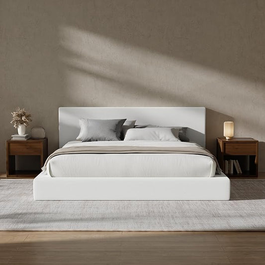 RECCI Cloud Upholstered King Bed Frame with Headboard, 5 Inch Foam Padded Platform, No Box Spring, Easy Assembly (Snow White)