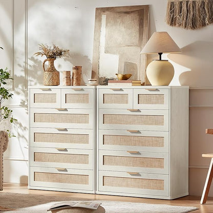 LEYAOYAO White Dresser for Bedroom, 41" Tall Chest of Drawers, Modern 6 Drawers Boho Rattan Dressers with Storage, Dresser Wooden Closet Organizer for Living Room, Hallway