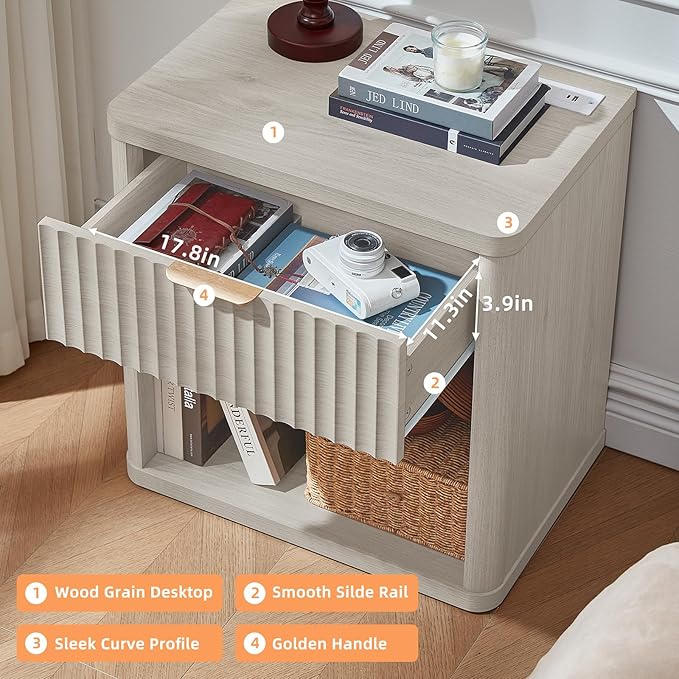 LEYAOYAO 23" Wide Fluted Farmhouse Night Stand Set of 2 with Charging Station, 1 Drawers Large End Table w/Metal Handle, LightGrey Nightstand Bedside Table,Wood Dresser for Bedroom, Closet