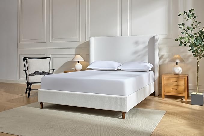 California King Size Upholstered Bed Frame, Platform Bed Frames with 54" Tall Headboard Wingback, Strong Wood Slats Support/No Box Spring Needed/Elegant Simplicity/No Noise, Cream White Chenille