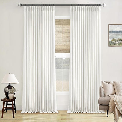 Beige White Pinch Pleated Linen Curtains 92 Inches Long 2 Panels for Living Room Bedroom Memory Training Shaped Semi Sheer Pleat Drapes with Hooks Rings Light Filtering Window Curtain 40x92
