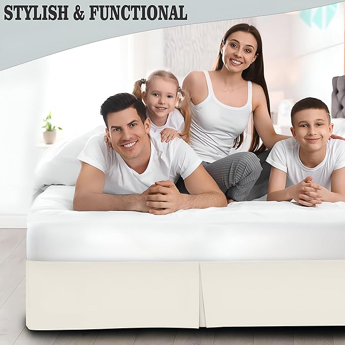 Pleated Bed Skirt Queen Size, 12" Drop with Platform Design for Secure Fit, Split Corners, Wrinkle-Resistant Microfiber for Modern Stylish Look, Tailored Bedding for Hotel Luxury - Ivory