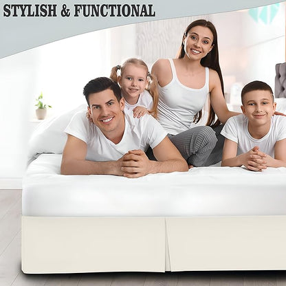 Pleated Bed Skirt Queen Size, 12" Drop with Platform Design for Secure Fit, Split Corners, Wrinkle-Resistant Microfiber for Modern Stylish Look, Tailored Bedding for Hotel Luxury - Ivory