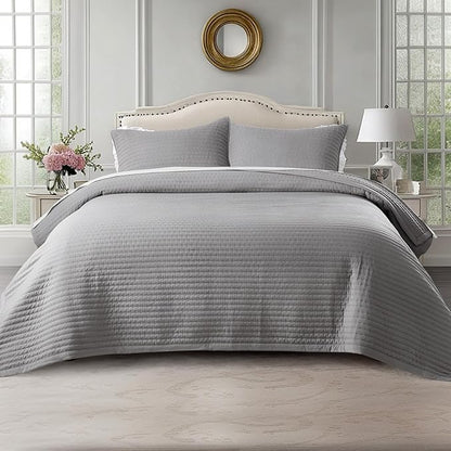 Kasentex KWX1804-GY Quilt Mini Set-Stone Washed-Super Soft Bedspread-Light Weight-White Down Alternative Microfiber Fill-Machine Washable-Solid Colors, Twin + 2 Shams, Grey