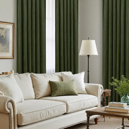 LAMIT Olive Green Velvet Curtains 120 Inch for Living Room, Thermal Insulated Blackout Curtains Luxury Room Darkening Back Tab and Rod Pocket Window Drapes for Bedroom, 2 Panels, 52 x 120 Inch