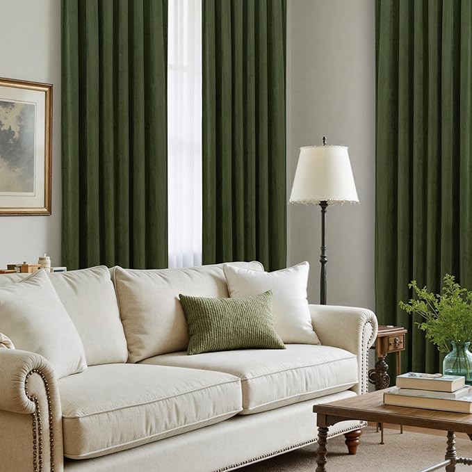 LAMIT Olive Green Velvet Curtains 72 Inch for Living Room, Luxury Thermal Insulated Blackout Curtains Room Darkening Christmas Back Tab and Rod Pocket Window Drapes for Bedroom, 2 Panels, 52 x 72 Inch