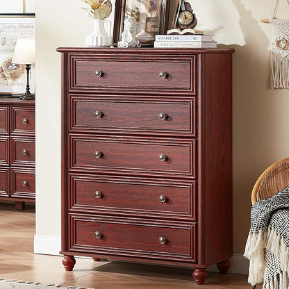 Farmhouse 5 Drawers Dresser for Bedroom, Wood 45" Tall Dressers Chest of Drawers, Kids Dresser Rustic Storage Dressers Organizer with Metal Handle Closet for Living Room, Hallway, Red Oak