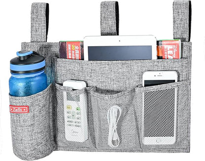 Linen Bedside Caddy, Bedside Storage Organizer for Hospital Beds, College Dorm Rooms or Baby Bed (5 Pockets-Grey)