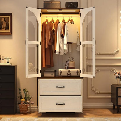 Tall Farmhouse 2 Doors Armoire Wardrobe Closet with LED ,72" Freestanding Arched Wardrobe Closet Cabinet for Bedroom w Glass Doors/Drawers,Wooden Clothing Storage Cabinet,Closets for Bedroom(White)