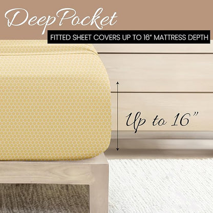 Linen Market Patterned Microfiber King Sheet Set 4 Piece – Oeko-TEX Certified Ultra Soft & Wrinkle-Free - 16" Deep Pocket Sheets - Easy Care King Size - Honeycomb Yellow