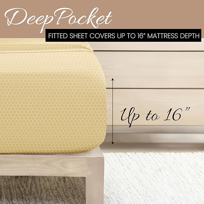Linen Market Patterned Microfiber Twin Sheet Set 3 Piece – Oeko-TEX Certified Ultra Soft & Wrinkle-Free - 16" Deep Pocket Sheets - Easy Care Twin Size - Honeycomb Yellow