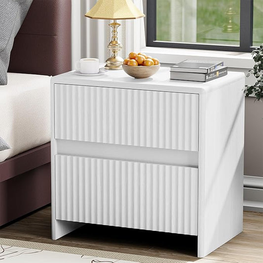 Fluted Nightstand, 23" Wide Bedside Table with 2 Storage Drawers, Modern Night Stand for Bedroom, White