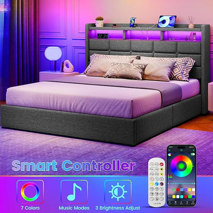Lift Up Full Size Bed Frame with Storage, Upholstered Full Bed Frame with LED Lights Headboard and Charging Station, No Box Spring Needed, Easy Assembly - Dark Grey