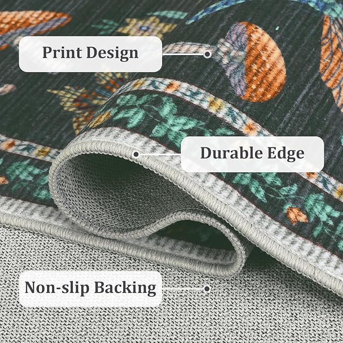 Mushroom Small Rug 2x3 Washable Door Mat Indoor Rugs for Entryway Non-Slip Soft Ultra-Thin Stain Resistant Foldable Rugs Kitchen Bedroom Living Room Black