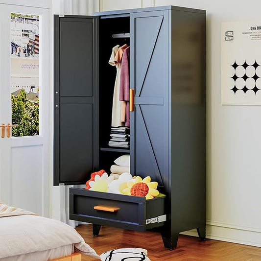 COFaR 71 Farmhouse Metal Wardrobe Closet with Hanging Rod, 2 Barn Doors, Adjustable Shelves, Steel Armoire with Drawer for Home, Bedroom Black