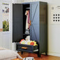 COFaR 71 Farmhouse Metal Wardrobe Closet with Hanging Rod, 2 Barn Doors, Adjustable Shelves, Steel Armoire with Drawer for Home, Bedroom Black