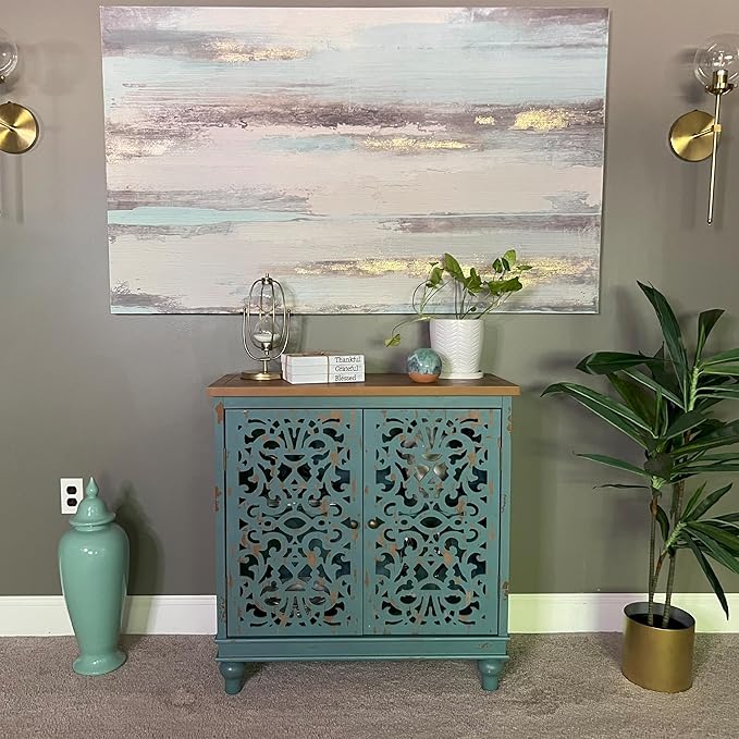 PHI VILLA Blue Accent Cabinets, Small Buffet Sideboad Cabinet, Hollow Carved 2 Door Credenza, Farmhouse Storage Cabinet for Living Room