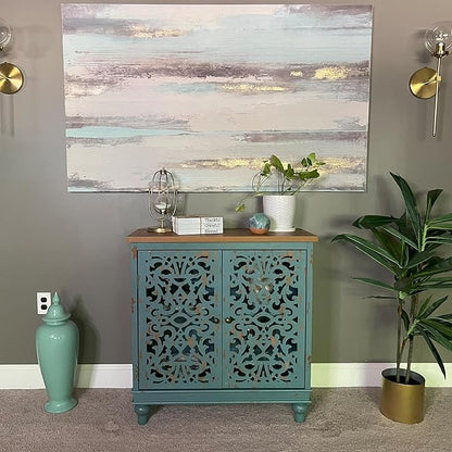 PHI VILLA Blue Accent Cabinets, Small Buffet Sideboad Cabinet, Hollow Carved 2 Door Credenza, Farmhouse Storage Cabinet for Living Room