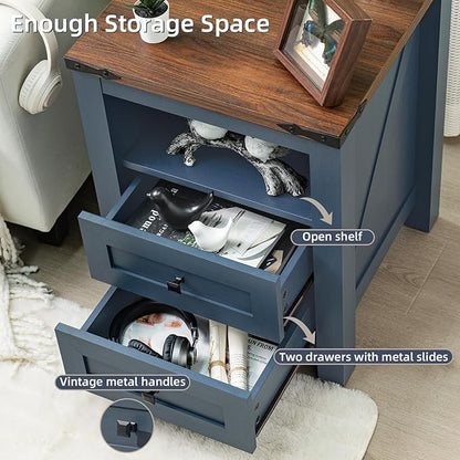 Joaxswe Nightstands Set of 2 with Charging Station, Farmhouse Night Stand with 2 Drawers and Shelf Storage, Wooden Side End Table, Bedside Cabinet for Bedroom, Living Room, Closet,Office (Blue) | with 2 Drawers, and Shelf Storage, Bedside Cabinet, for ...