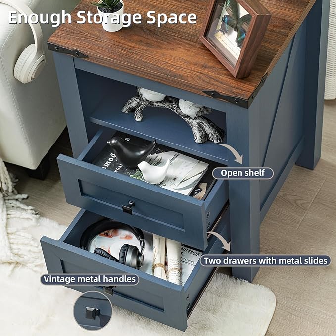 Joaxswe Nightstand with Charging Station, Farmhouse Night Stand with 2 Drawers and Shelf Storage, Blue Wooden Side End Table, Bedside Cabinet for Bedroom, Living Room, Closet,Office