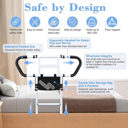 easymake Bed Rails for Elderly Adults Safety: Adjustable Bedside Assist Rails with Storage Pockets, Non-Slip Handles, Items for Elderly Bed Rail, 400LB Gravity Capacity