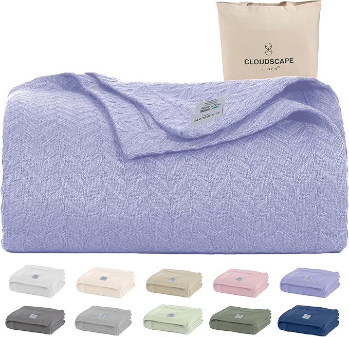 Cloud Scape Linen 100% Cotton Blanket 92x92 Lavender Blue - Cozy Herringbone Weave, Fits Up to for Full Size Beds, Breathable Softness, All-Season Warmth, Winter Blanket, for Women