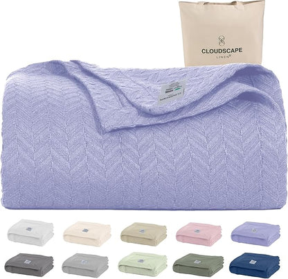 Cloud Scape Linen 100% Cotton Blanket 92x92 Lavender Blue - Cozy Herringbone Weave, Fits Up to for Full Size Beds, Breathable Softness, All-Season Warmth, Winter Blanket, for Women