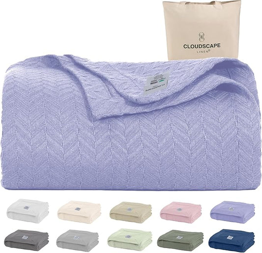 Cloud Scape Linen 100% Cotton Blanket 92x92 Lavender Blue - Cozy Herringbone Weave, Fits Up to for Full Size Beds, Breathable Softness, All-Season Warmth, Winter Blanket, for Women