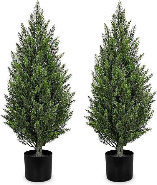 Briful 3ft Cedar Topiary Trees Artificial Outdoor Set of 2, Realistic Faux Cedar Pines with Pots, UV Resistant Christmas Greenery for Holiday Decor, Indoor Farmhouse Entryway Patio Door Plants