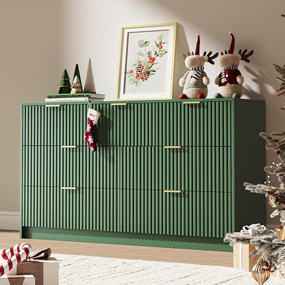 Green 7 Drawer Dresser for Bedroom, 55.9" Wide Modern Fluted Dresser with Gold Metal Handles, Wide Chest of Drawers for Bedroom, Living Room, Entryway, Hallway