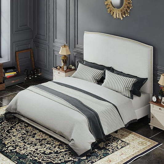 Full Size Bed Frame with Headboard, 56" Upholstered Platform Bed with Nailhead Trim, Soft Boucle Fabric, No Box Spring Needed, Easy Assembly, White