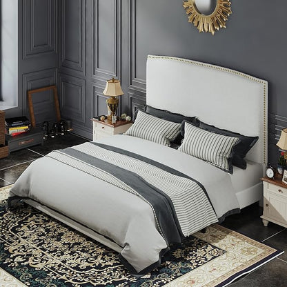 Queen Size Bed Frame with Headboard, 56" Upholstered Platform Bed with Nailhead Trim, Soft Boucle Fabric, No Box Spring Needed, Easy Assembly, White