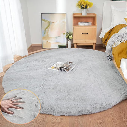Silver Grey Round Rugs 8ft Shag Washable Area Rugs for Bedroom Faux Bunny Fur Circle Rug for Living Room Large Sheepskin Nursery Rug Home Décor