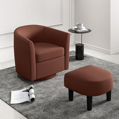 Giantex Swivel Small Accent Chair with Ottoman, Modern Faux Leather Barrel Club Chair w/Footrest, Removable Seat Cushion, Swivel Single Sofa Arm Chair for Living Room, Bedroom, Office (Brown)