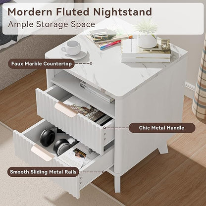 White Nightstand Set of 2, 18" Modern Night Stand with Faux Marble Top, Open Storage Shelf, Curved Edge Bedside Table for Bedroom, End Side Table